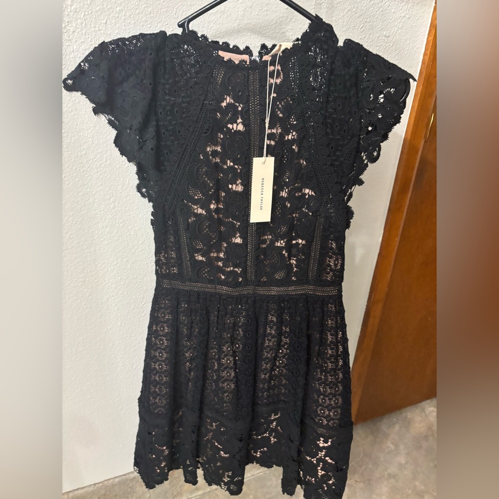 Rebecca Taylor Black Lace Cap Sleeve Mini Dress
